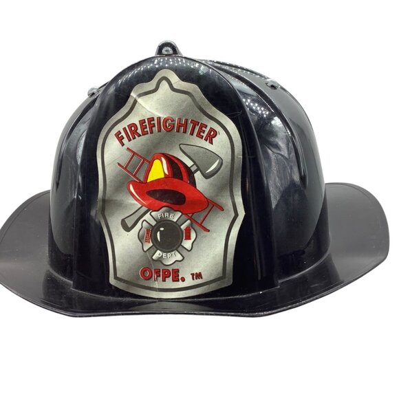 Vtg Firefighter Helmet Hat Toy Black OFPE Trademark Kid Size Small Adjustable - Picture 2 of 7